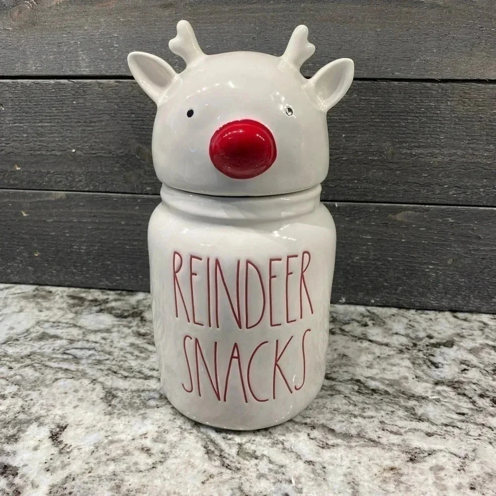 Rae Dunn Reindeer Snacks Canister with Topper